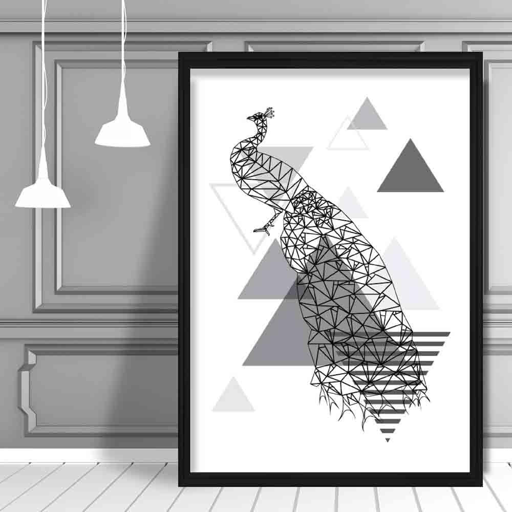 Peacock Abstract Geometric Scandinavian Mono Grey Poster
