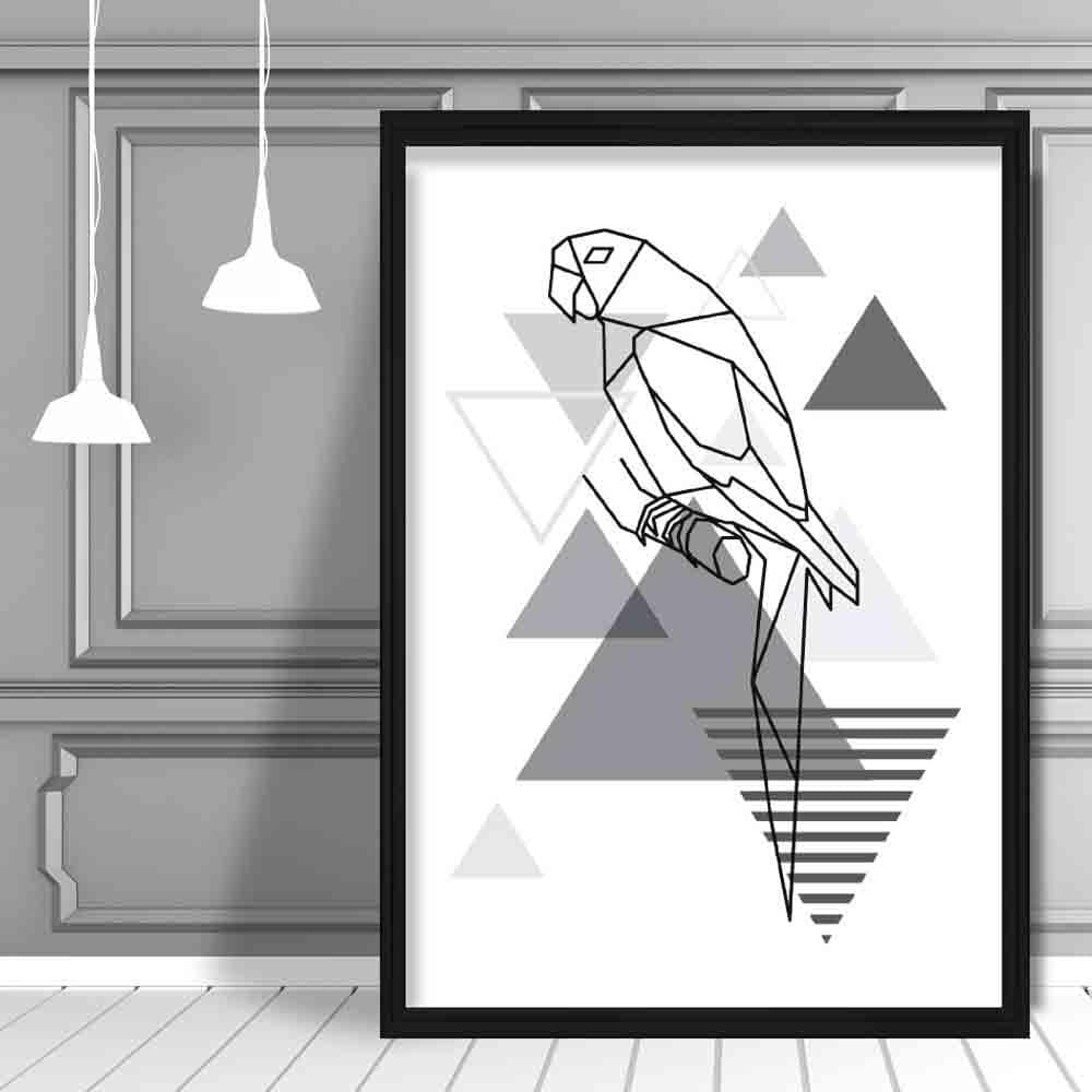 Parrot Abstract Geometric Scandinavian Mono Grey Poster