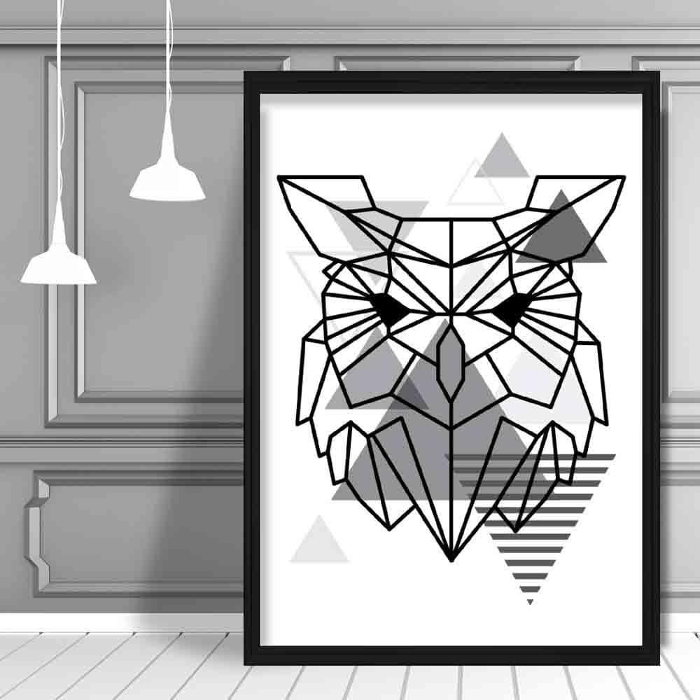Owl Head Abstract Geometric Scandinavian Mono Grey Poster