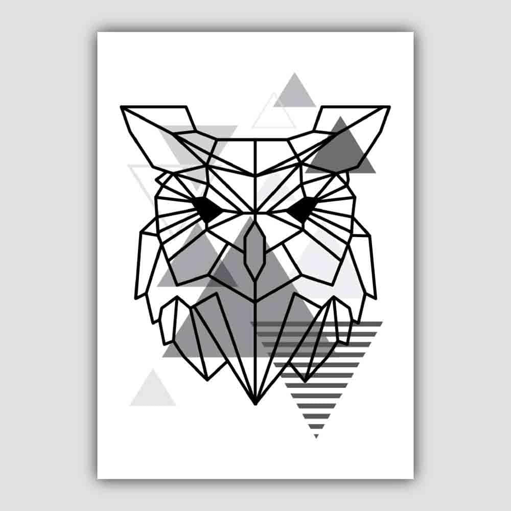 Owl Head Abstract Geometric Scandinavian Mono Grey Poster