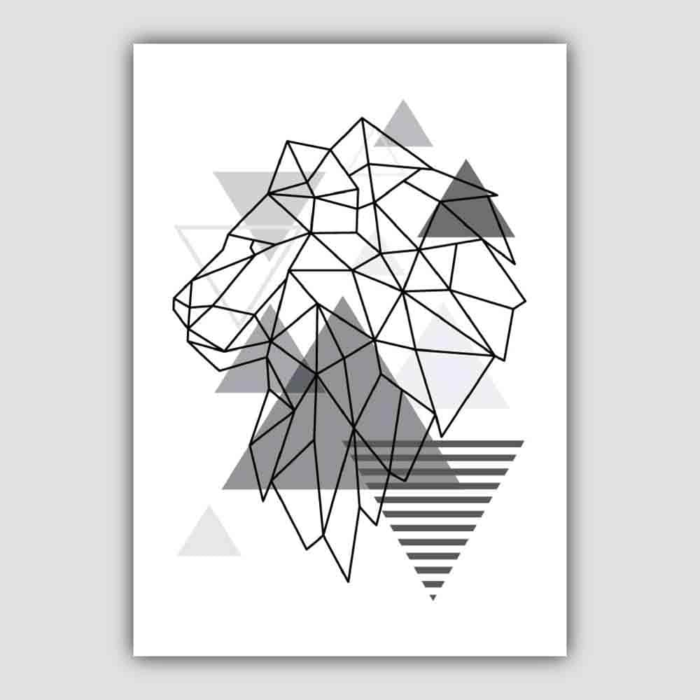 Lion Head Looking Left Abstract Geometric Scandinavian Mono Grey Poster