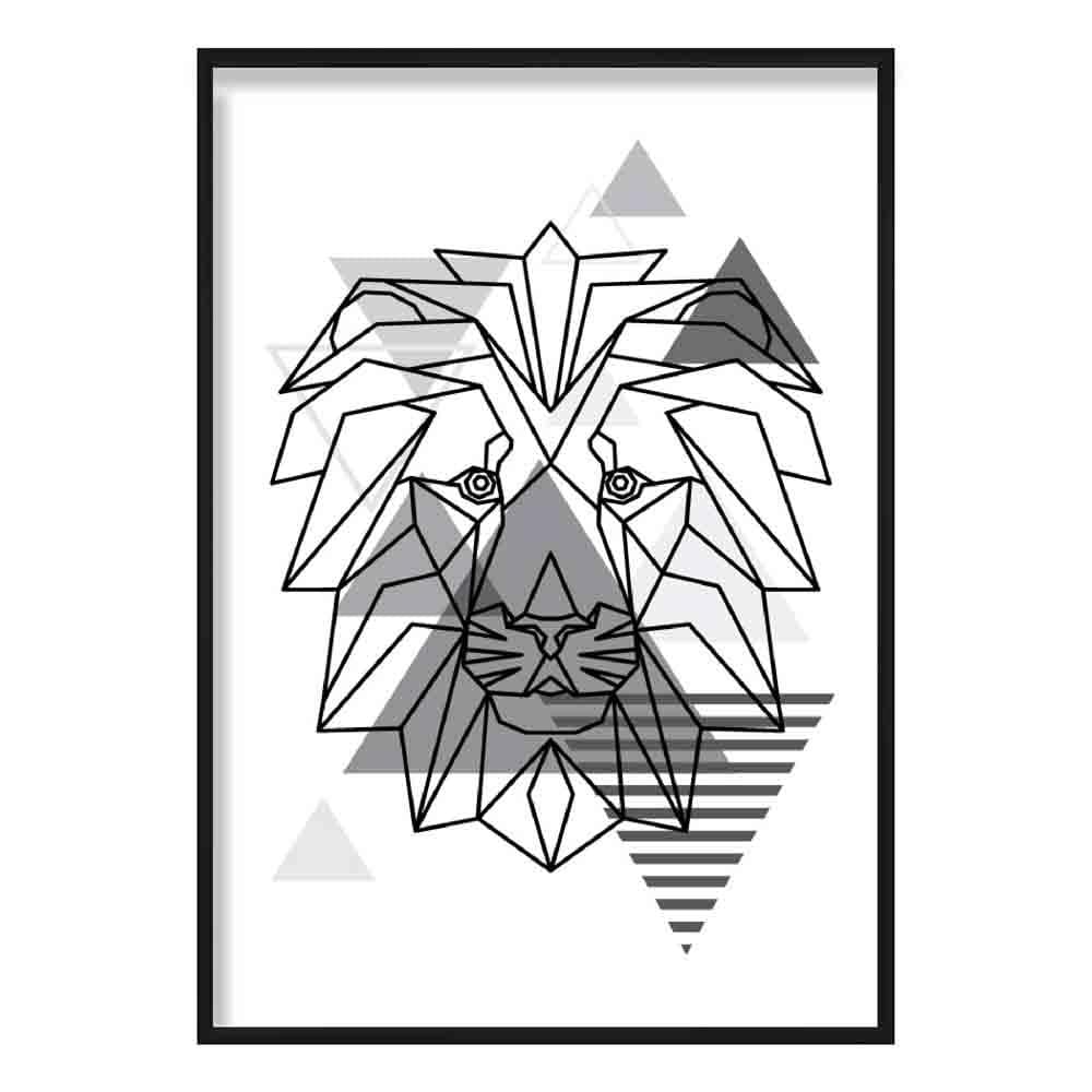 Lion Head Abstract Geometric Scandinavian Mono Grey Poster