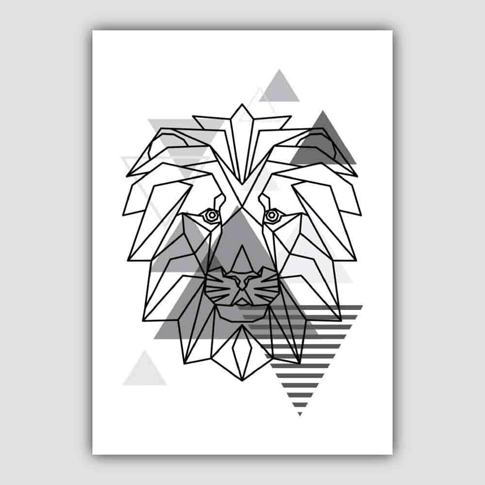Lion Head Abstract Geometric Scandinavian Mono Grey Poster