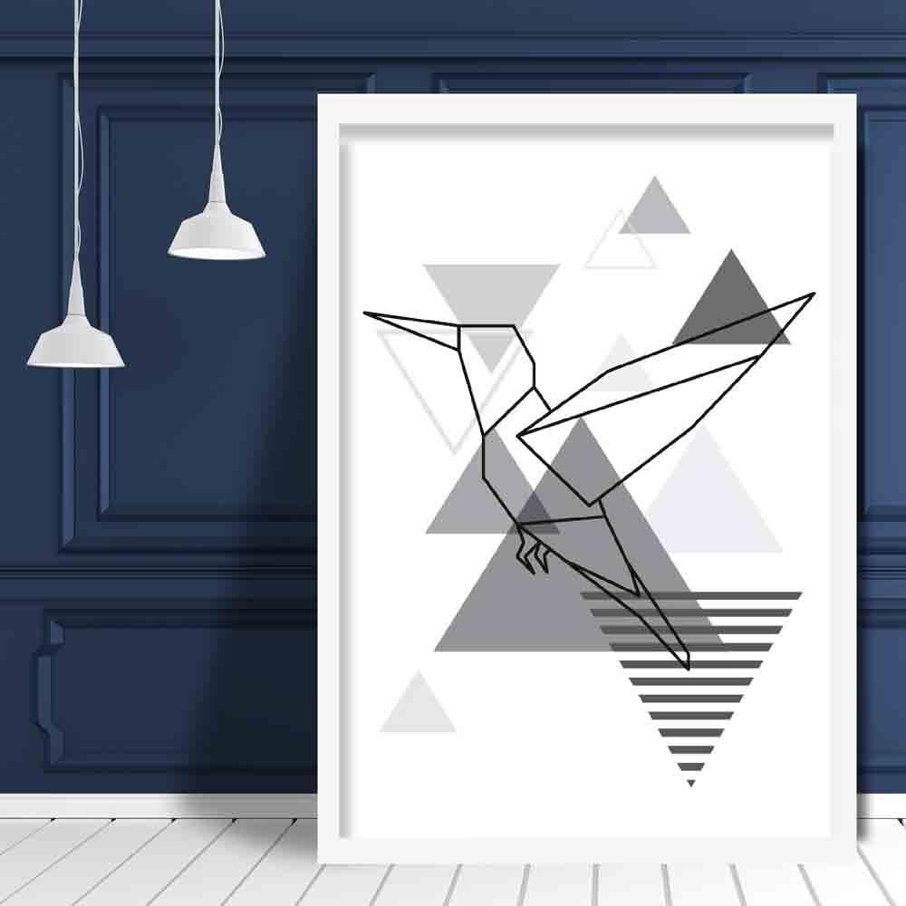 Hummingbird Abstract Geometric Scandinavian Mono Grey Poster