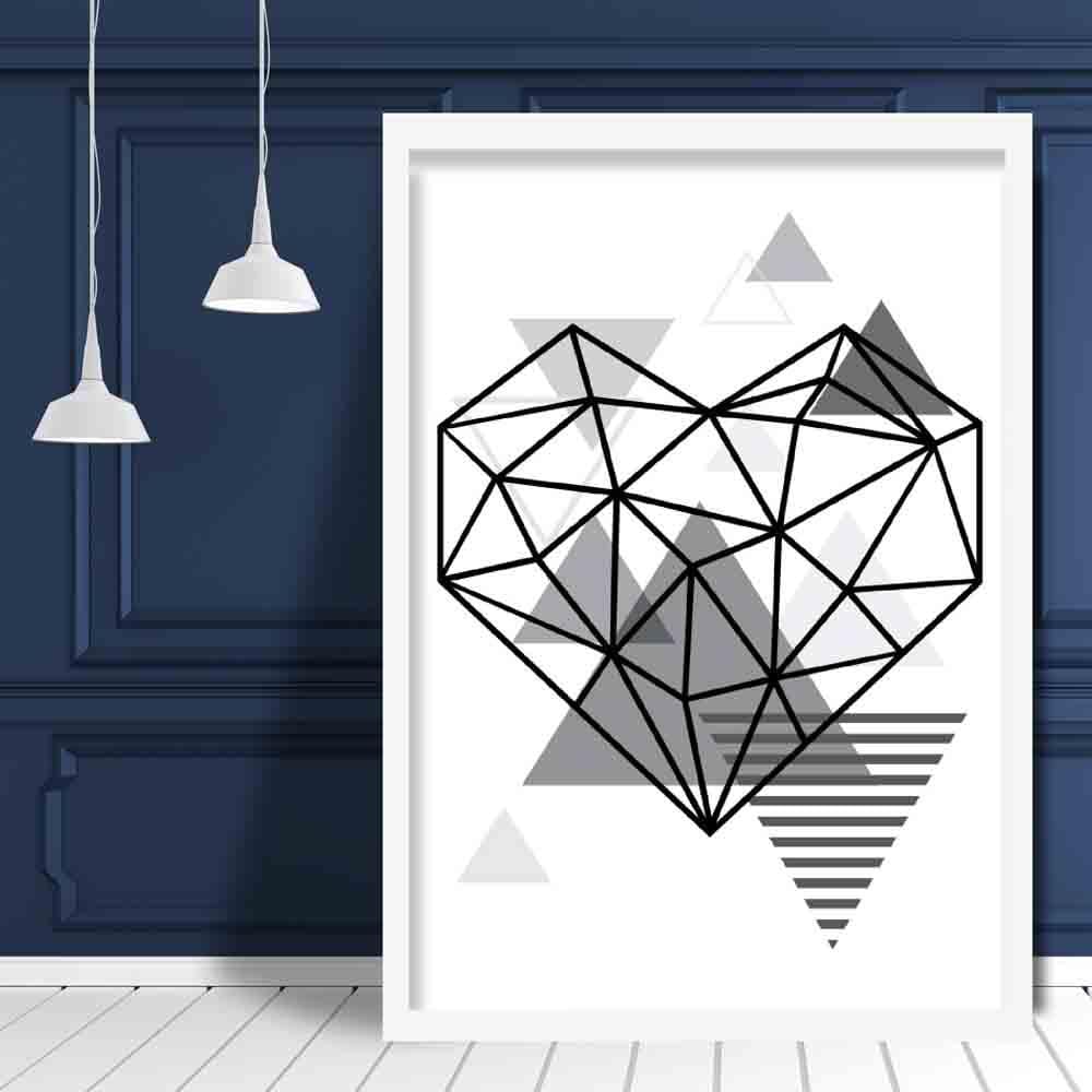 Heart Abstract Geometric Scandinavian Mono Grey Poster