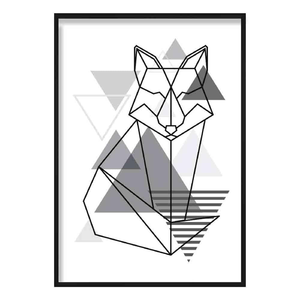 Sitting Fox Abstract Geometric Scandinavian Mono Grey Poster