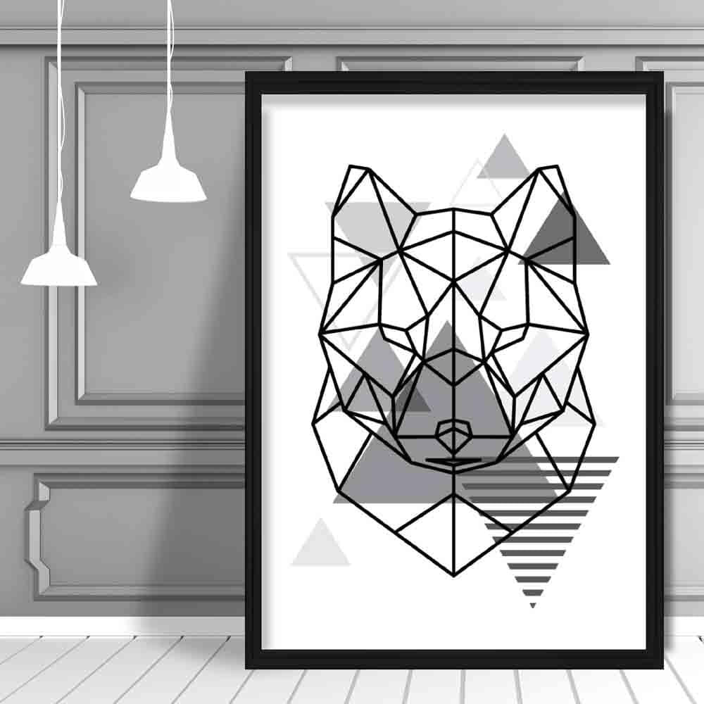 Fox Head Abstract Geometric Scandinavian Mono Grey Poster