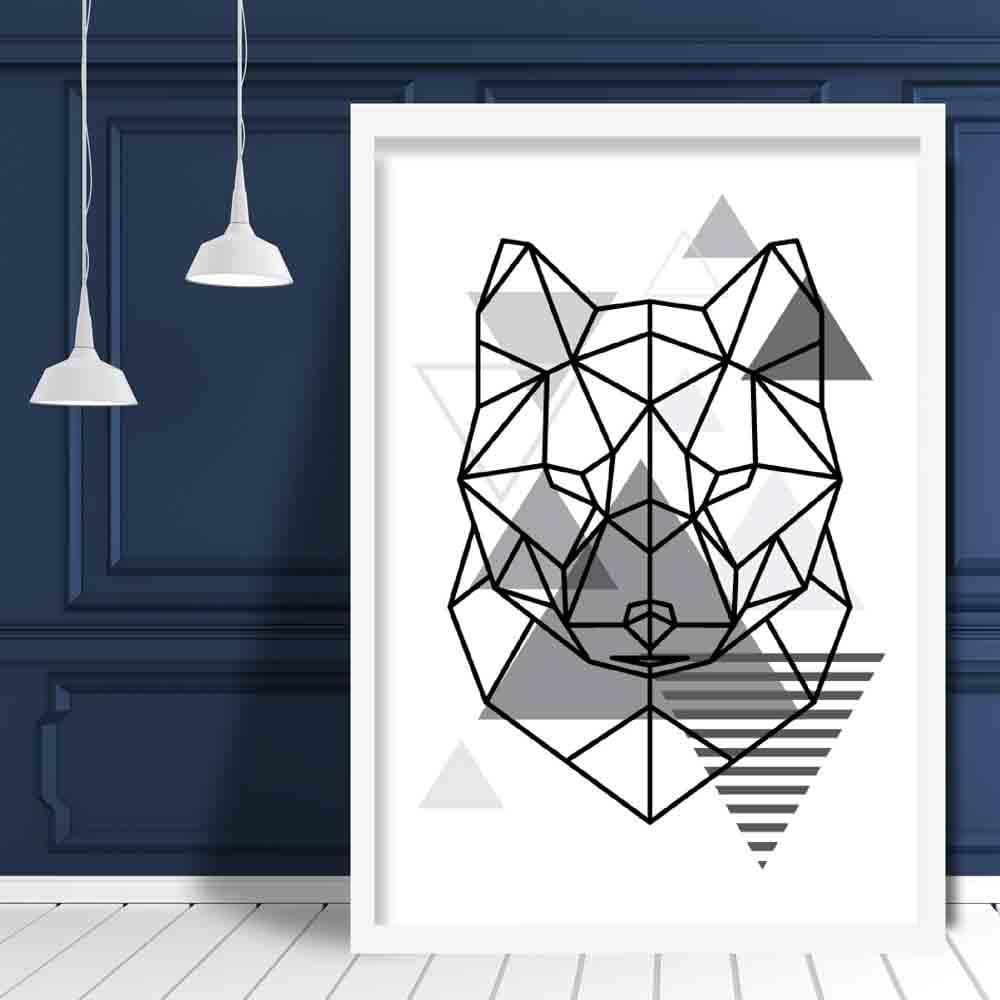 Fox Head Abstract Geometric Scandinavian Mono Grey Poster