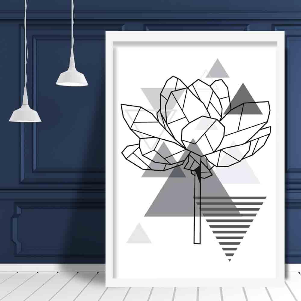 Peony Flower Abstract Geometric Scandinavian Mono Grey Poster