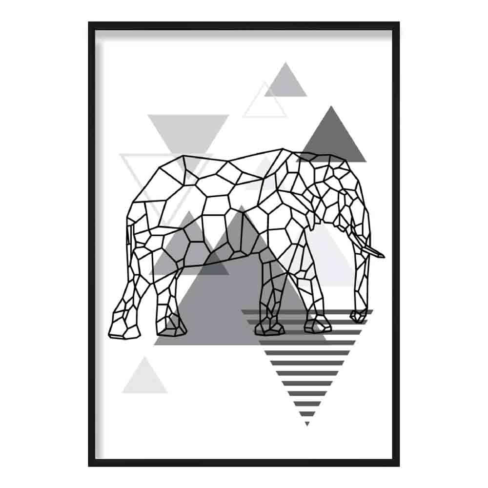 Elephant Abstract Geometric Scandinavian Mono Grey Poster