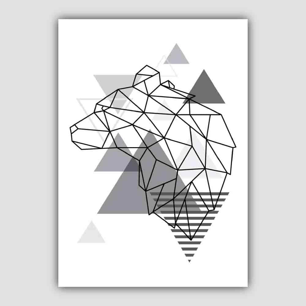 Bear Head Looking Left Abstract Geometric Scandinavian Mono Grey Print