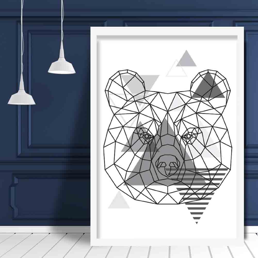 Bear Head Abstract Geometric Scandinavian Mono Grey Art Print