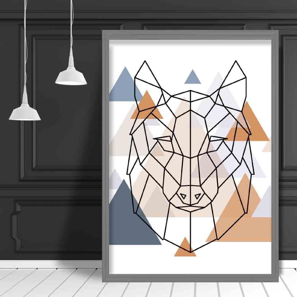 Wolf Head Abstract Multi Geometric Scandinavian Blue,Copper Poster