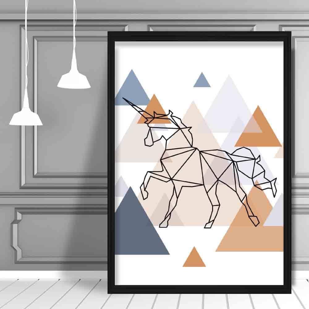 Unicorn Abstract Multi Geometric Scandinavian Blue,Copper Poster