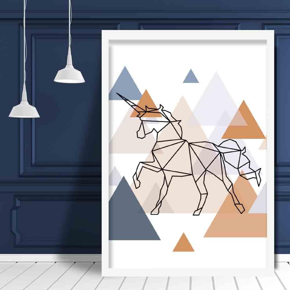 Unicorn Abstract Multi Geometric Scandinavian Blue,Copper Poster