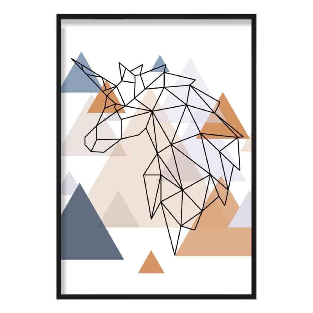 Unicorn Head Looking Left Abstract Multi Geometric Scandinavian Blue,Copper Poster