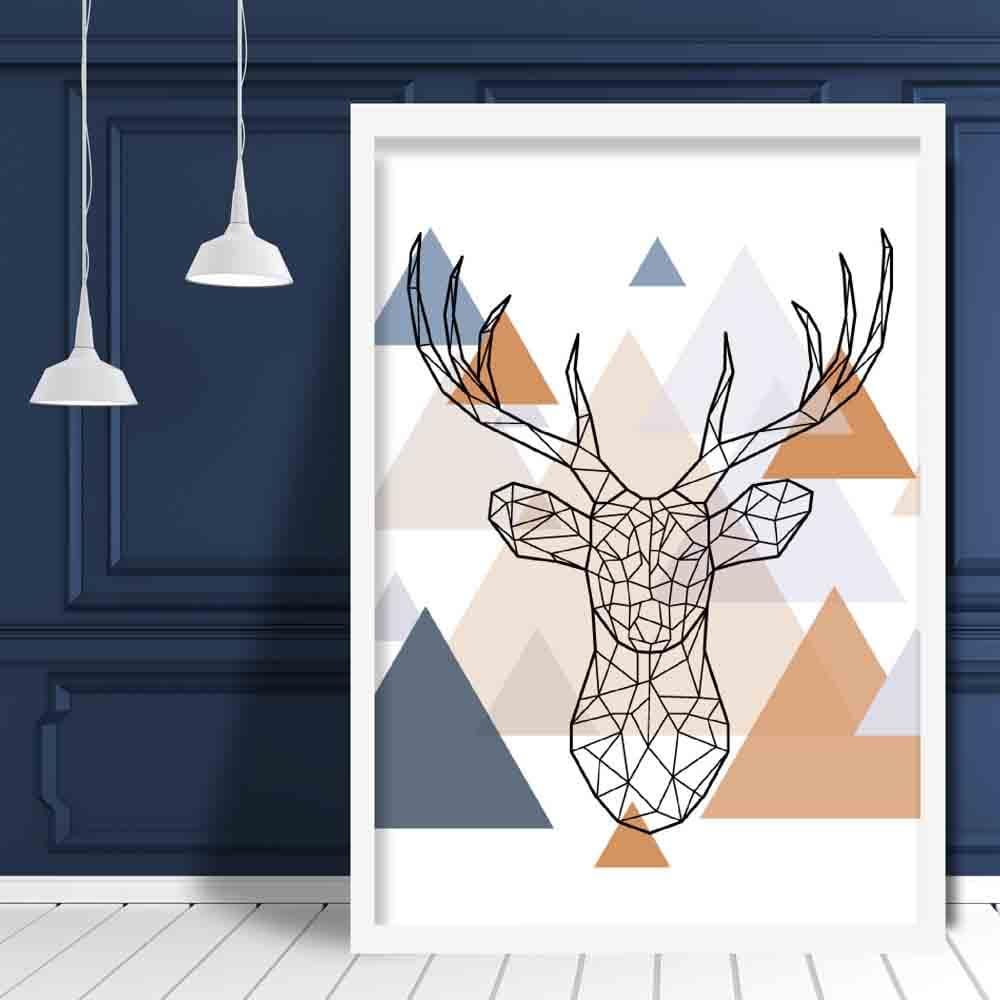 Stag Head Abstract Multi Geometric Scandinavian Blue,Copper Poster