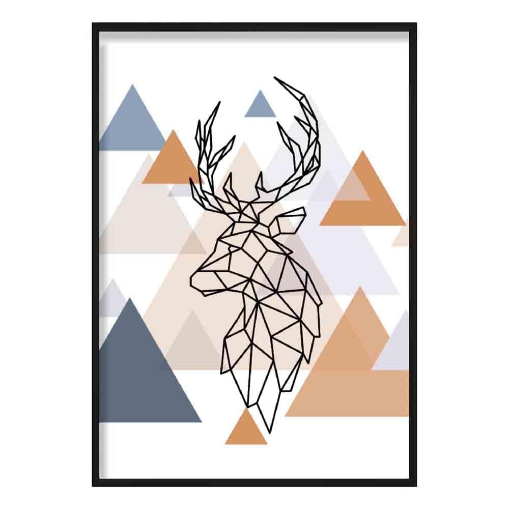 Stag Head Looking Left Abstract Multi Geometric Scandinavian Blue,Copper Poster