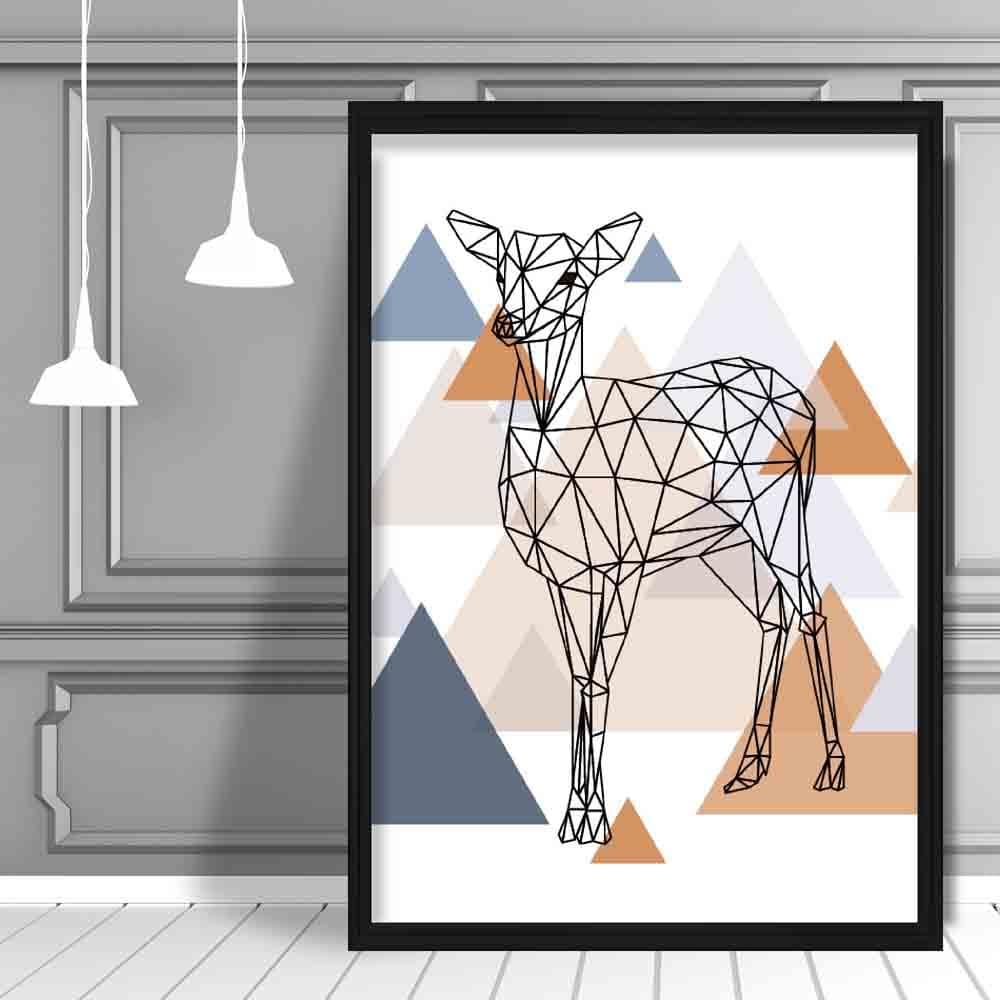 Deer Abstract Multi Geometric Scandinavian Blue,Copper Poster