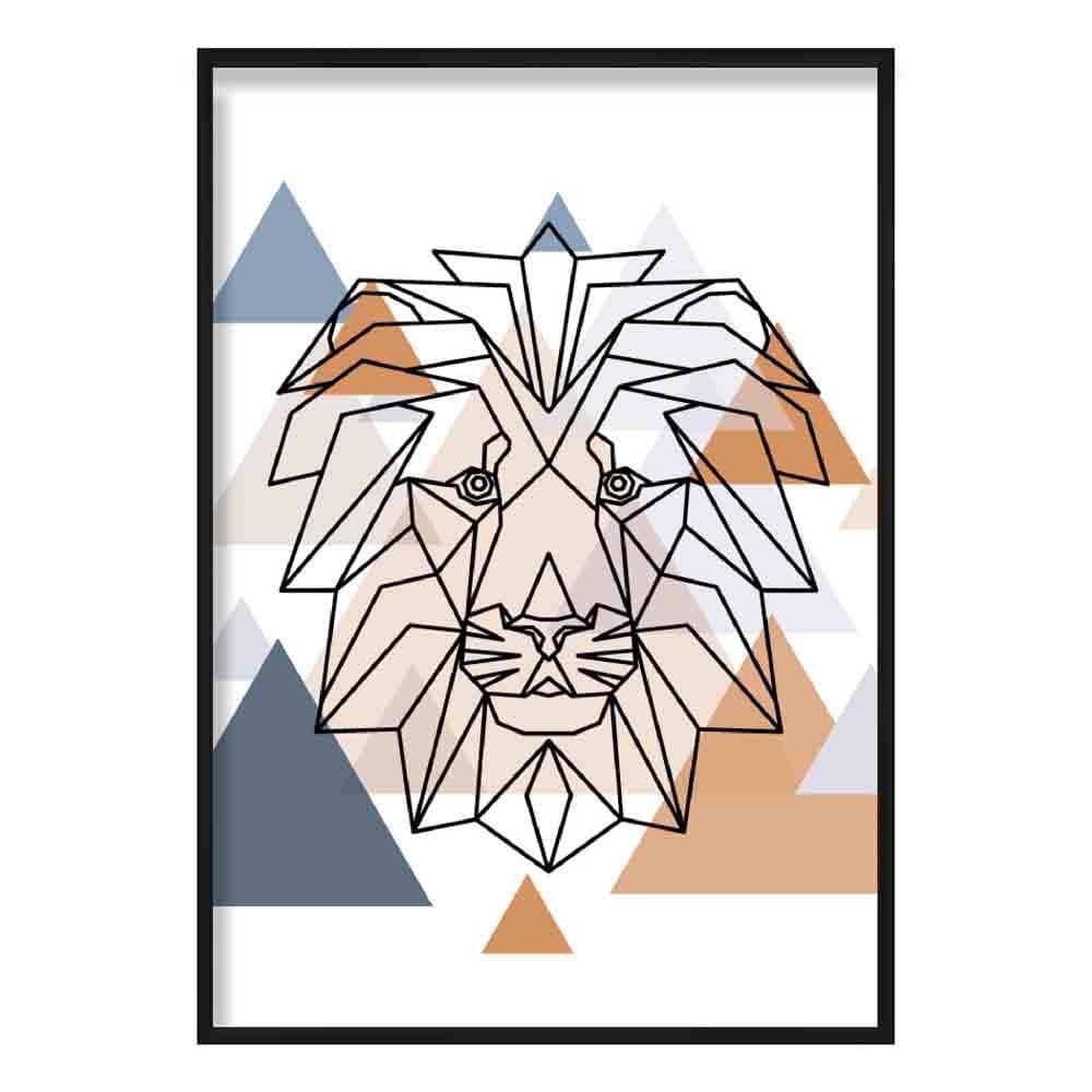 Lion Head Abstract Multi Geometric Scandinavian Blue,Copper Poster