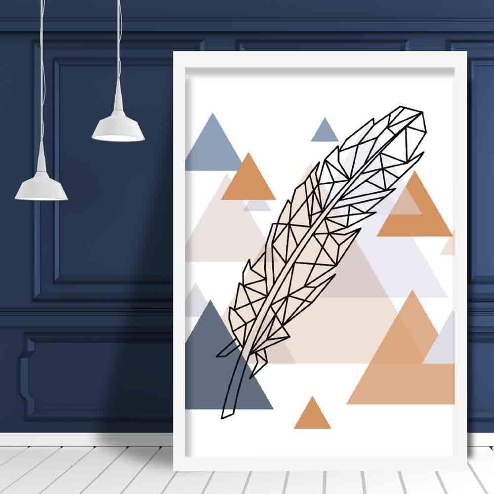 Feather Abstract Multi Geometric Scandinavian Blue,Copper Poster