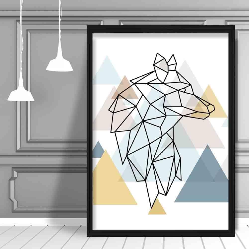 Wolf Head Looking Right Abstract Multi Geometric Scandinavian Blue,Yellow,Beige Poster
