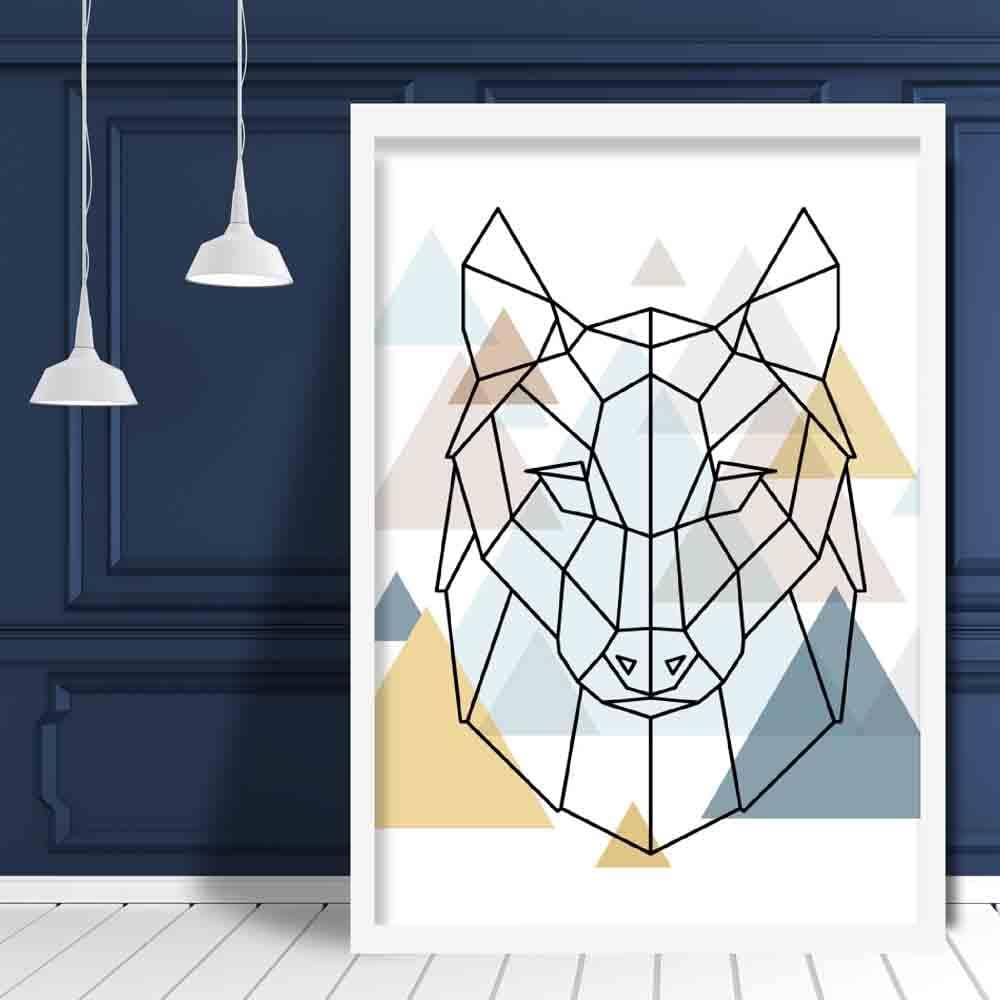 Wolf Head Abstract Multi Geometric Scandinavian Blue,Yellow,Beige Poster