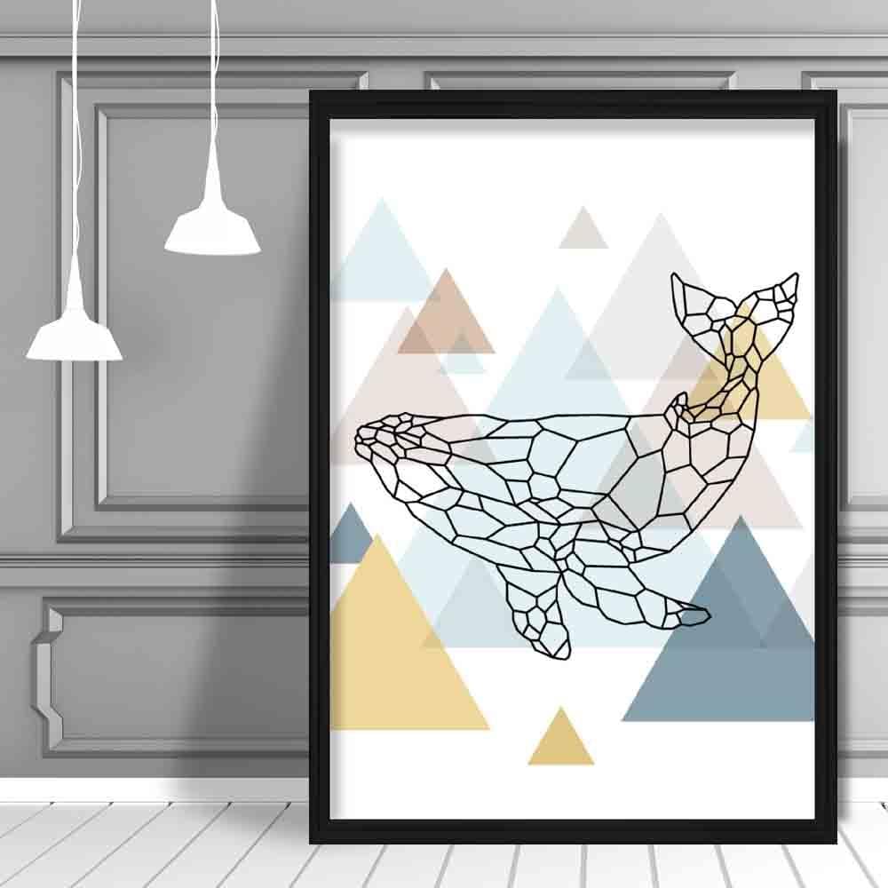 Whale Abstract Multi Geometric Scandinavian Blue,Yellow,Beige Poster