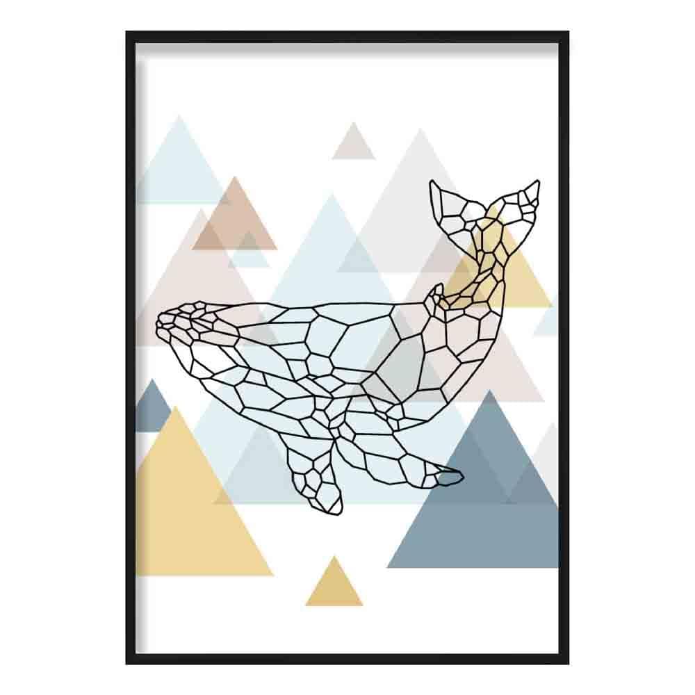 Whale Abstract Multi Geometric Scandinavian Blue,Yellow,Beige Poster