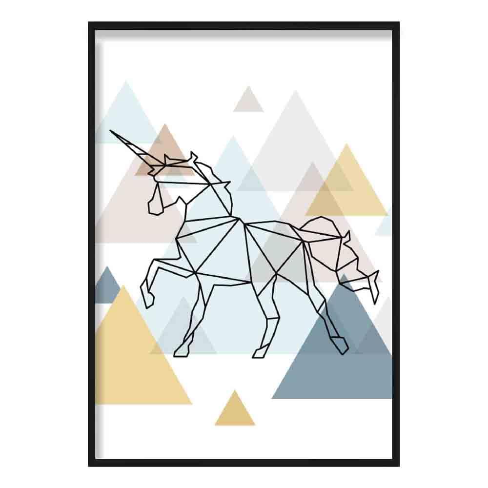 Unicorn Abstract Multi Geometric Scandinavian Blue,Yellow,Beige Poster