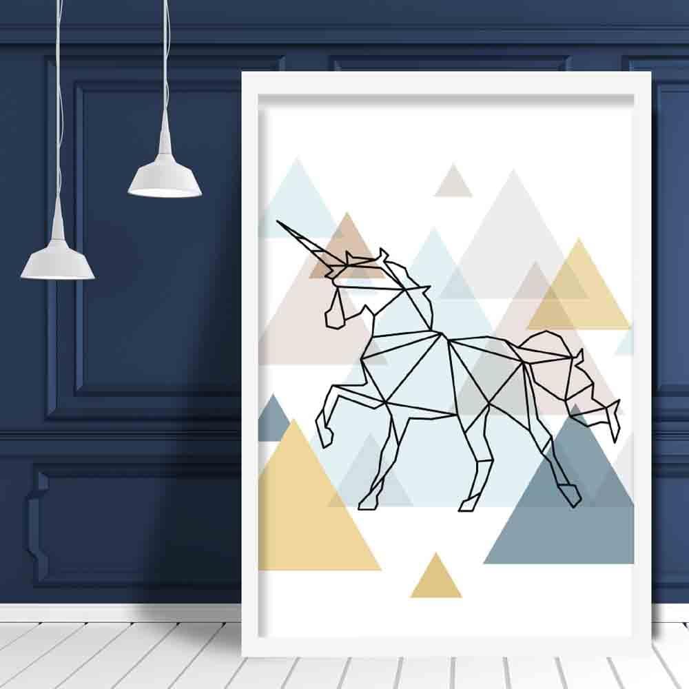 Unicorn Abstract Multi Geometric Scandinavian Blue,Yellow,Beige Poster