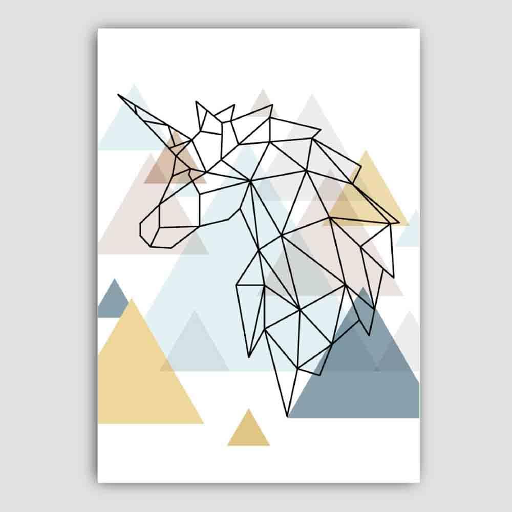 Unicorn Head Looking Left Abstract Multi Geometric Scandinavian Blue,Yellow,Beige Poster