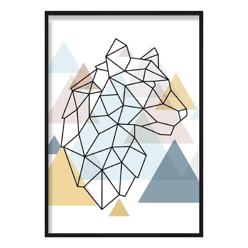 Tiger Head Looking Right Abstract Multi Geometric Scandinavian Blue,Yellow,Beige Poster