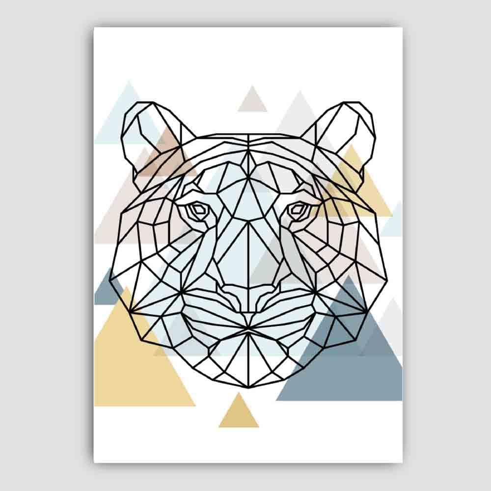 Tiger Head Abstract Multi Geometric Scandinavian Blue,Yellow,Beige Poster