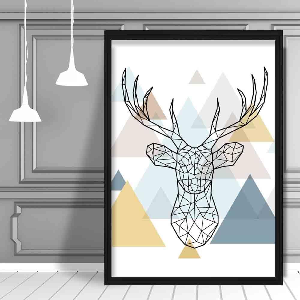 Stag Head Abstract Multi Geometric Scandinavian Blue,Yellow,Beige Poster