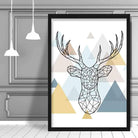 Stag Head Abstract Multi Geometric Scandinavian Blue,Yellow,Beige Poster