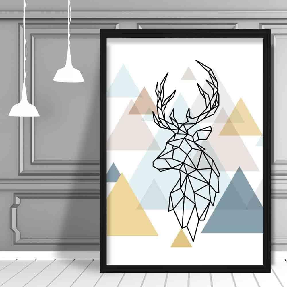 Stag Head Looking Left Abstract Multi Geometric Scandinavian Blue,Yellow,Beige Poster