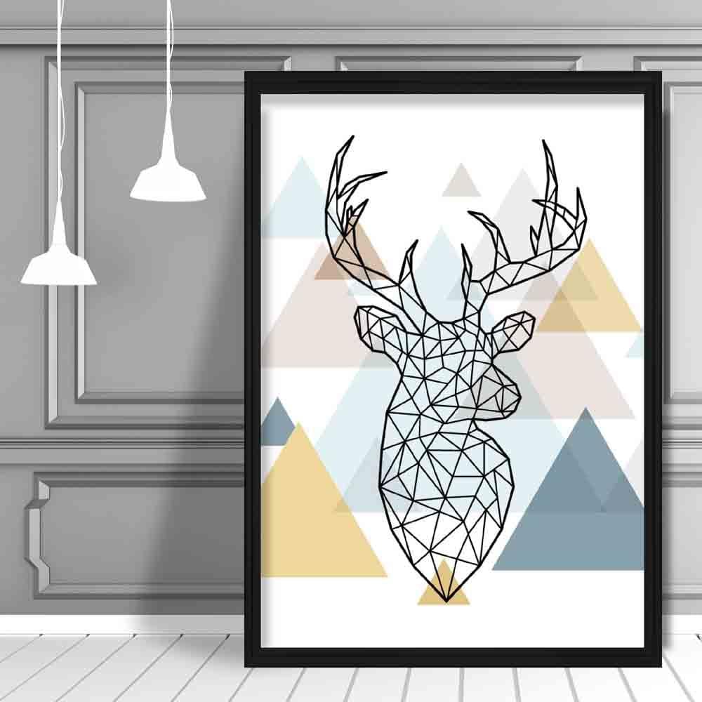 Stag Head Looking Right Abstract Multi Geometric Scandinavian Blue,Yellow,Beige Poster