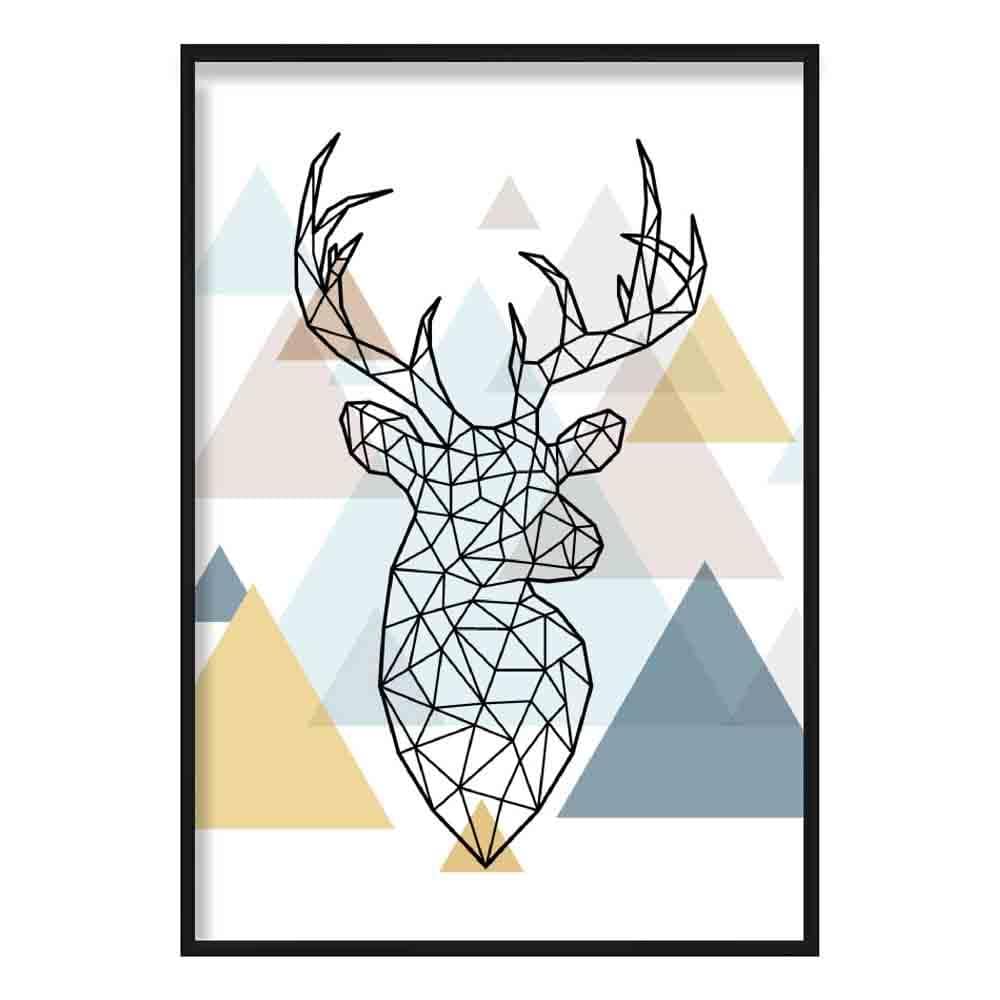 Stag Head Looking Right Abstract Multi Geometric Scandinavian Blue,Yellow,Beige Poster