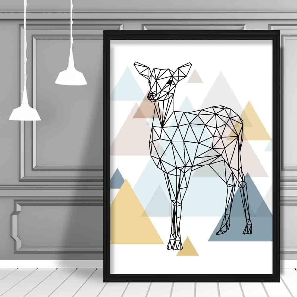 Deer Abstract Multi Geometric Scandinavian Blue,Yellow,Beige Poster