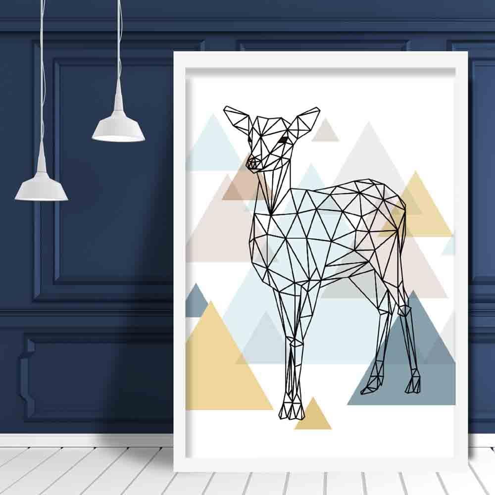 Deer Abstract Multi Geometric Scandinavian Blue,Yellow,Beige Poster