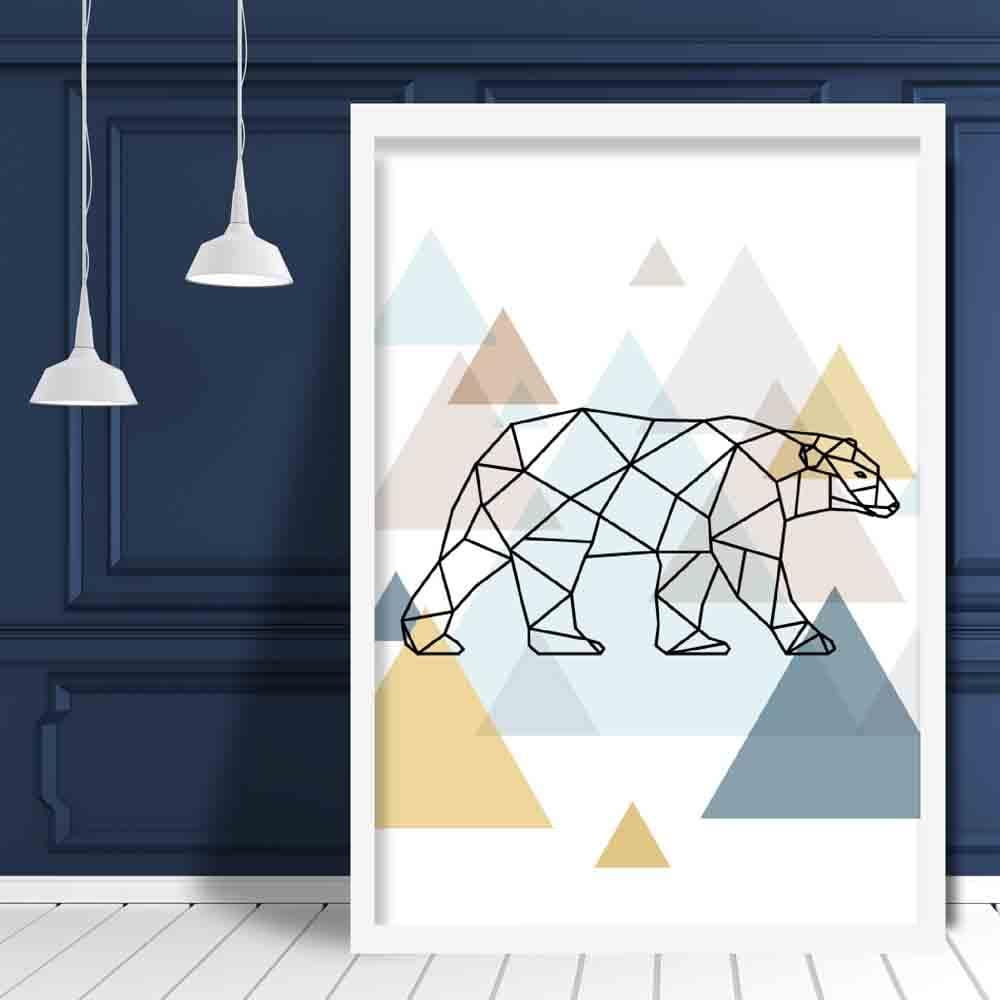 Polar Bear Abstract Multi Geometric Scandinavian Blue,Yellow,Beige Poster