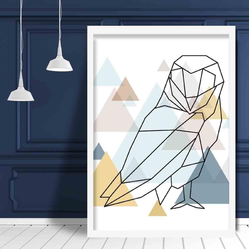 Owl Abstract Multi Geometric Scandinavian Blue,Yellow,Beige Poster