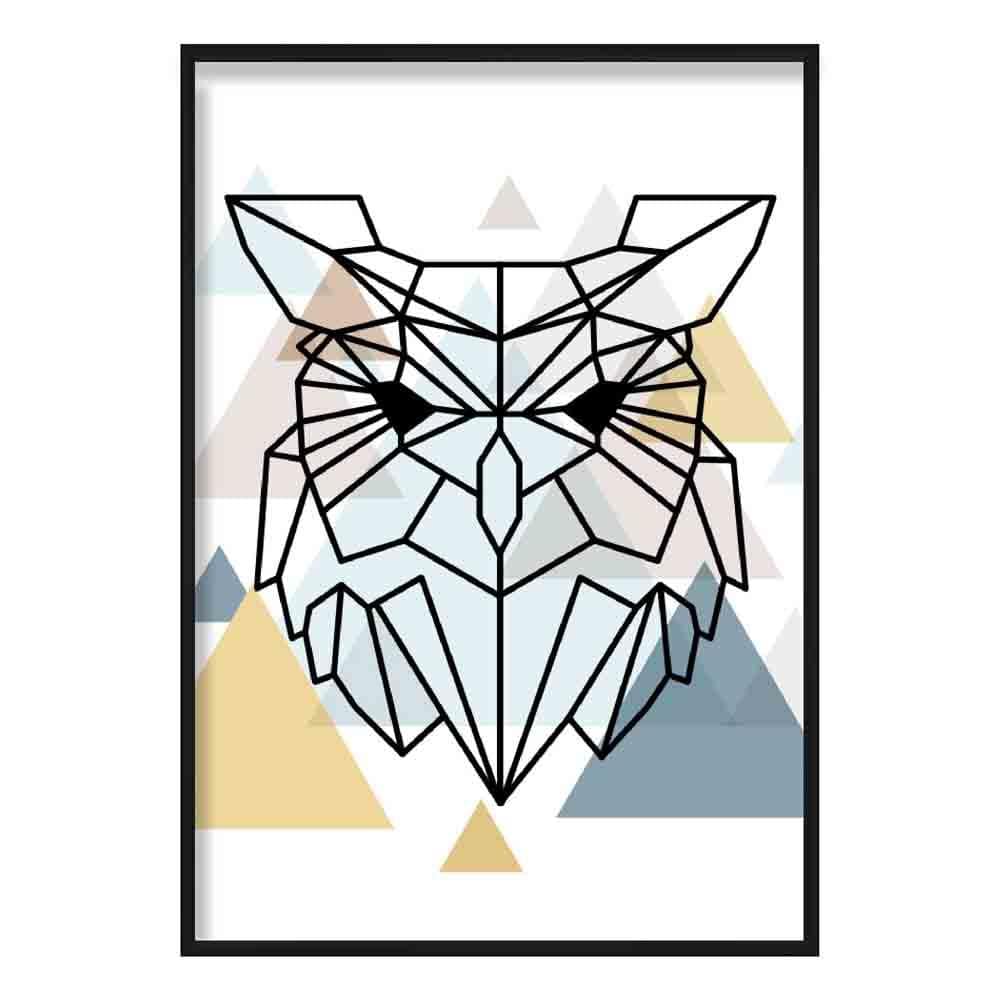 Owl Head Abstract Multi Geometric Scandinavian Blue,Yellow,Beige Poster