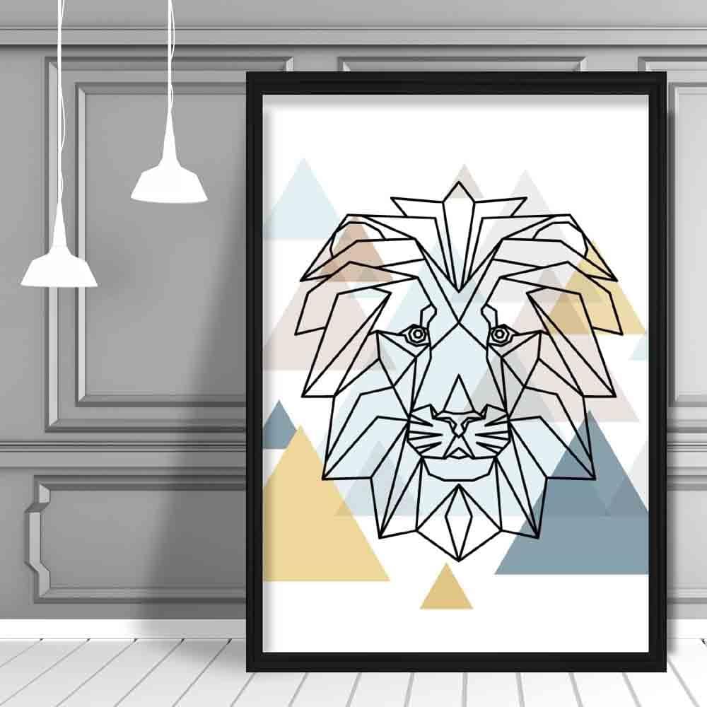 Lion Head Abstract Multi Geometric Scandinavian Blue,Yellow,Beige Poster
