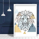 Lion Head Abstract Multi Geometric Scandinavian Blue,Yellow,Beige Poster