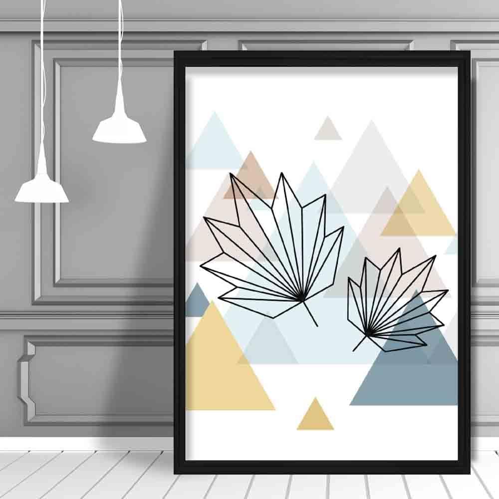 Tropical Leaves Abstract Multi Geometric Scandinavian Blue,Yellow,Beige Poster