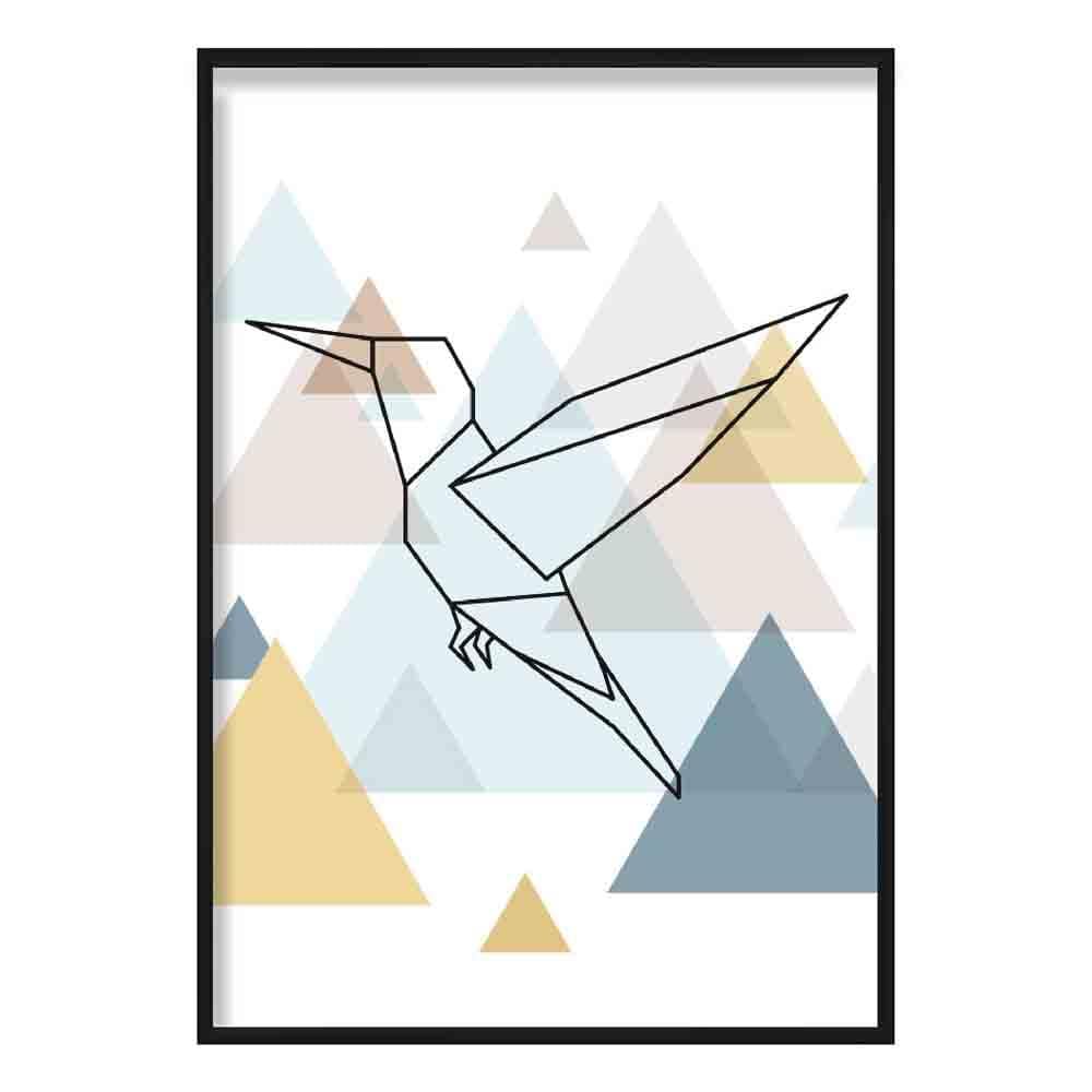 Hummingbird Abstract Multi Geometric Scandinavian Blue,Yellow,Beige Poster