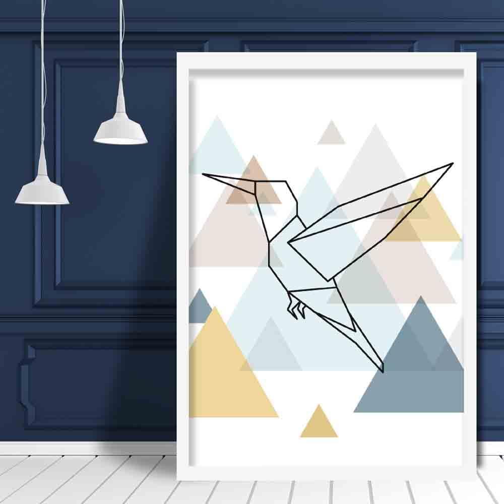 Hummingbird Abstract Multi Geometric Scandinavian Blue,Yellow,Beige Poster