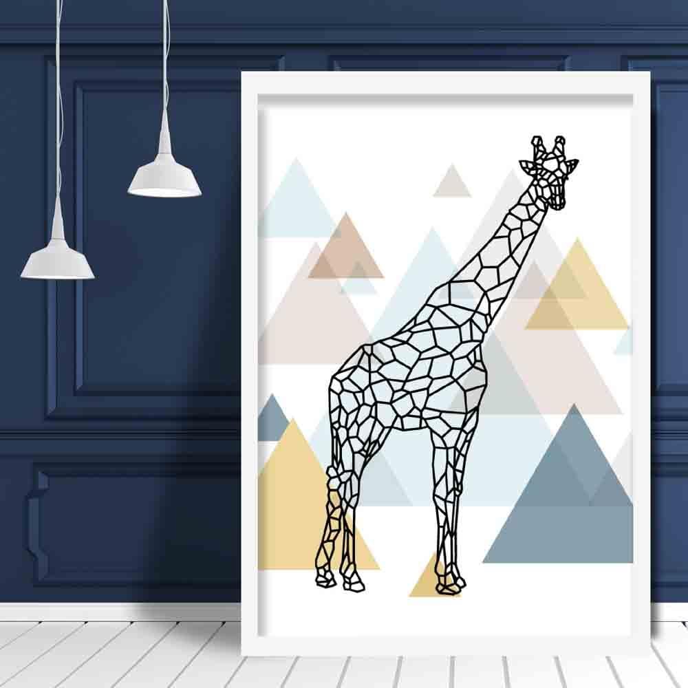 Giraffe Abstract Multi Geometric Scandinavian Blue,Yellow,Beige Poster
